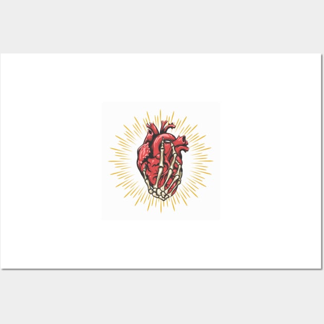 Skeleton Hand Holds Heart Tattoo on white Background Wall Art by devaleta